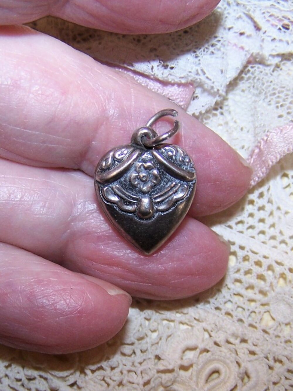 Sterling Silver Puffy Heart Charm - Repousse Banner & Florals | Engraved Vaughn